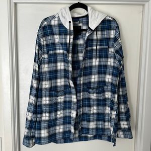Madison Supply Blue Plaid Button Up Hooded Sweat Shirt